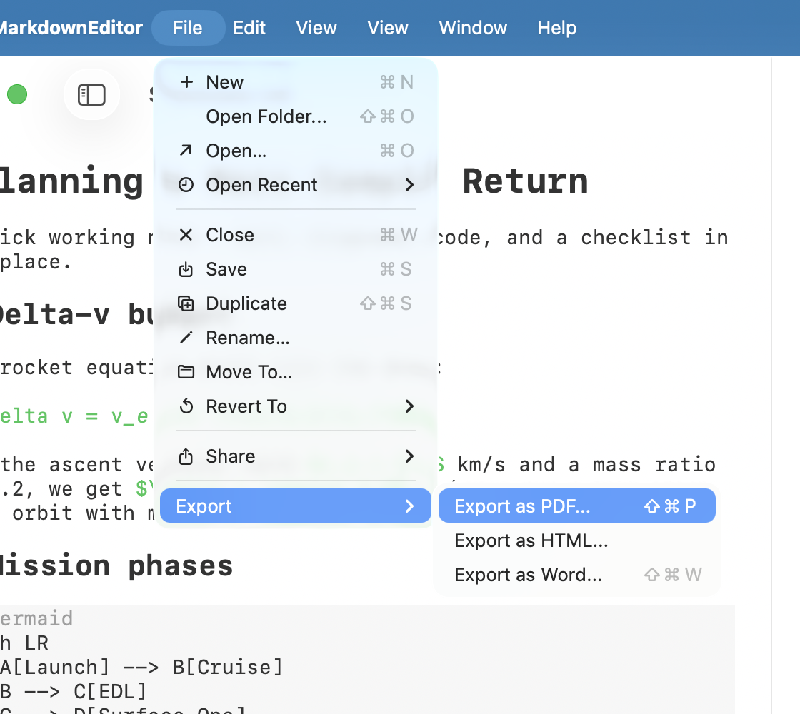 File menu open showing Export as PDF, Export as HTML, and Export as Word