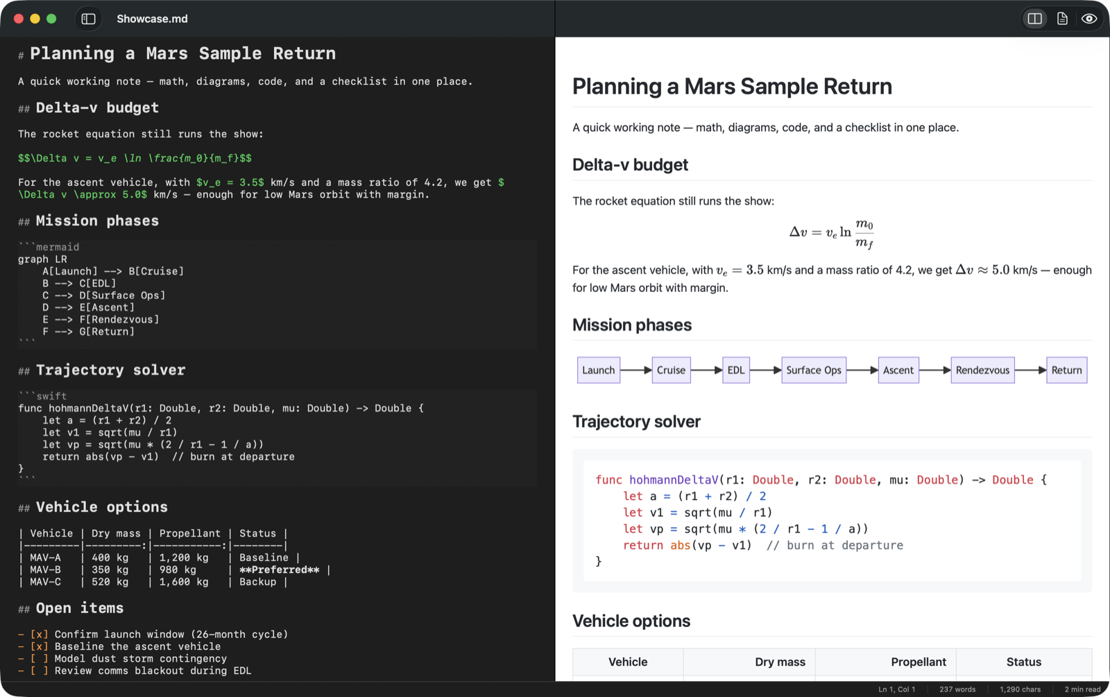 MarkdownEditor in dark mode: markdown source on the left, rendered preview with math, a Mermaid diagram, and Swift code on the right