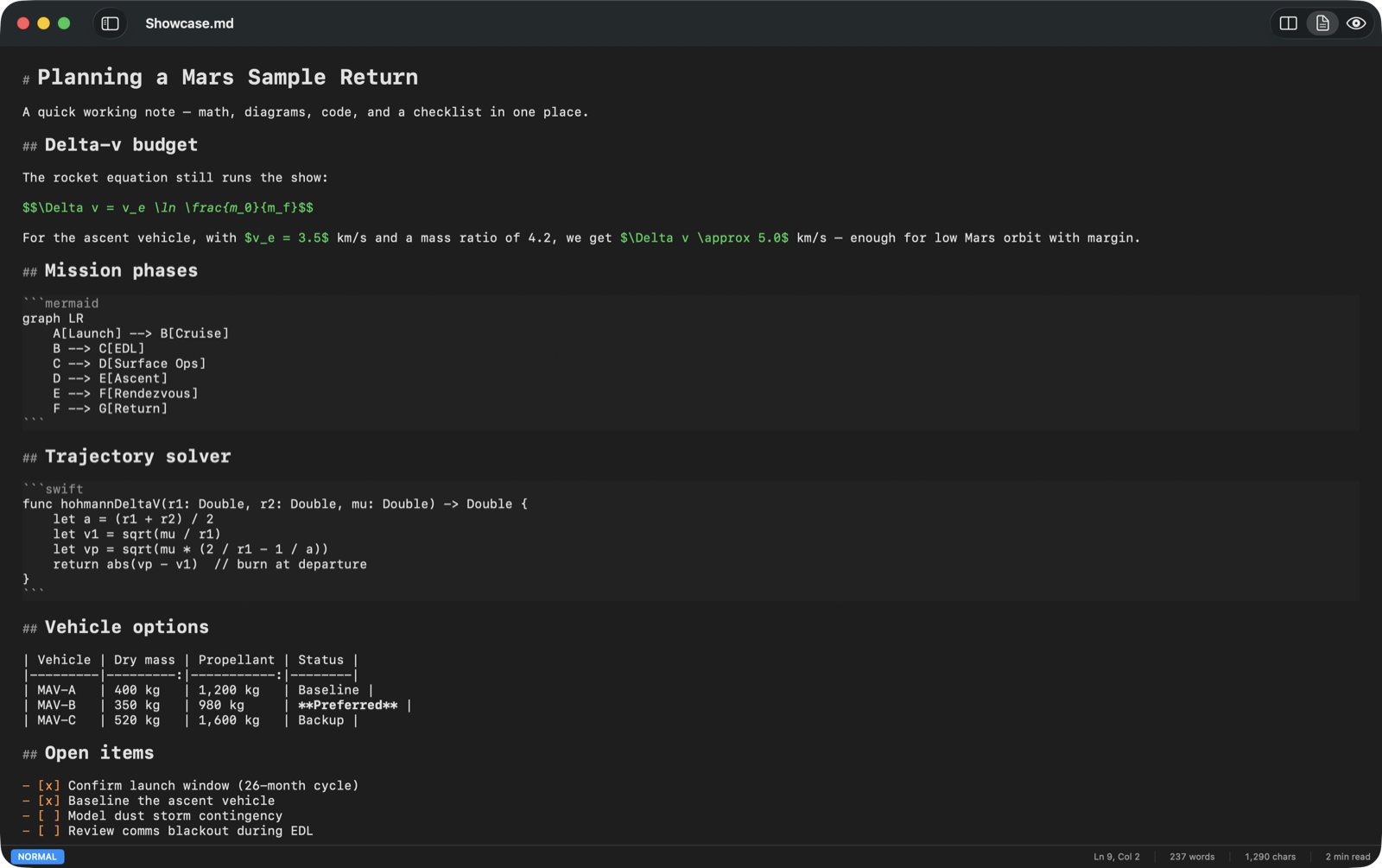 Editor-only view with vim mode active, showing the NORMAL mode badge in the status bar